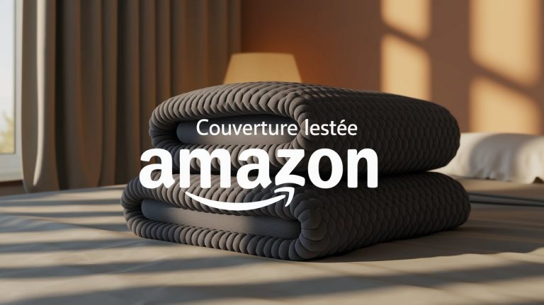 couverture lestée amazon posée sur un lit, elle est grise