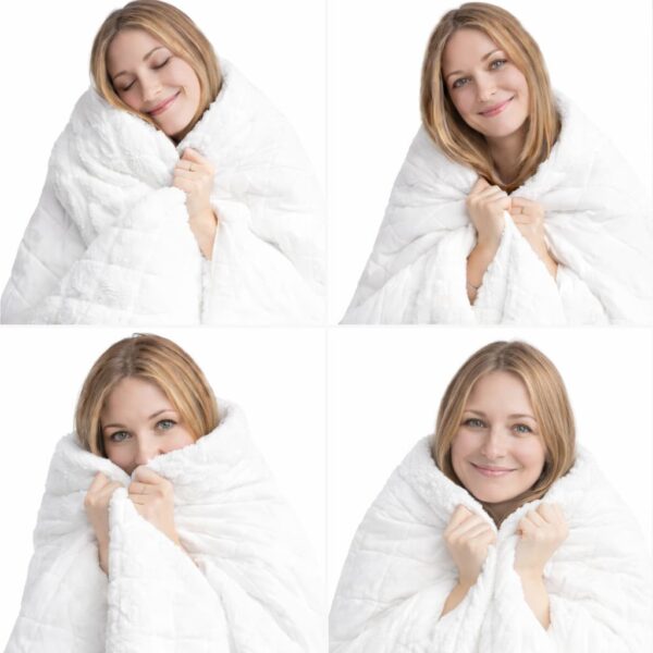 plusieurs photos d'une femme blonde avec la couverture lestée sherpa dormeur