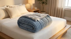 Couverture lestée bleue pliée sur un lit blanc dans une chambre chaleureuse.
