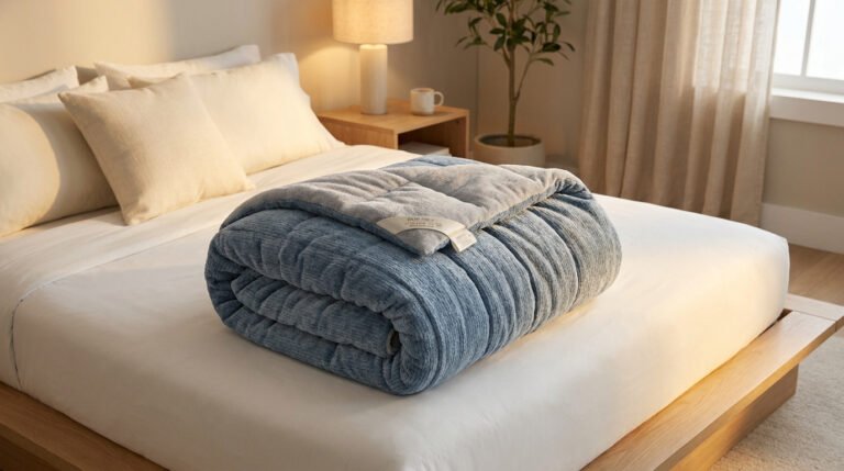 Couverture lestée bleue pliée sur un lit blanc dans une chambre chaleureuse.