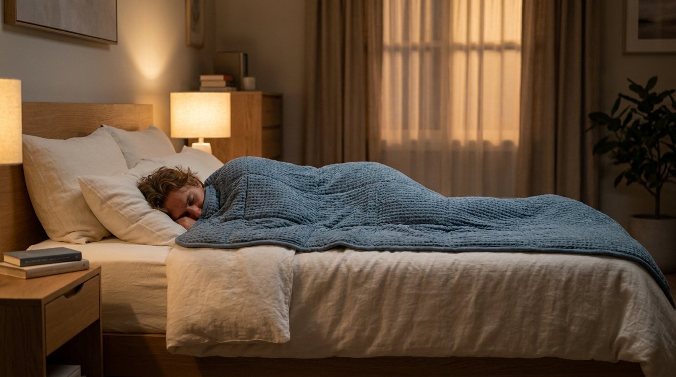 Une personne dort paisiblement dans un lit douillet sous une couverture lestée bleu texturée.