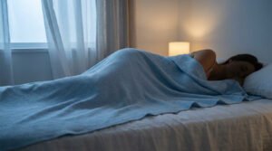Femme dormant paisiblement sous une couverture gaufrée bleu clair dans une chambre faiblement éclairée.
