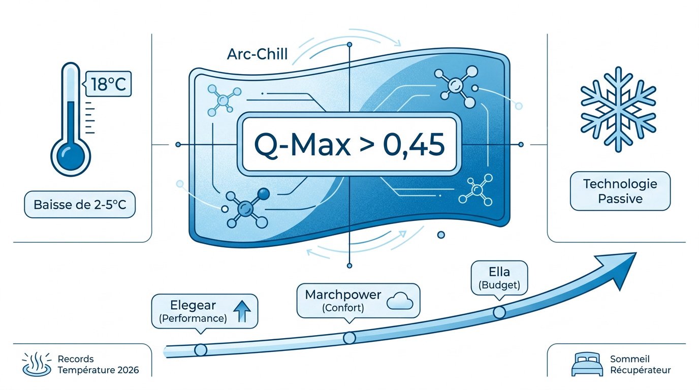 Infographie expliquant l'indice Q-Max et le fonctionnement de la technologie Arc-Chill pour couvertures rafraîchissantes