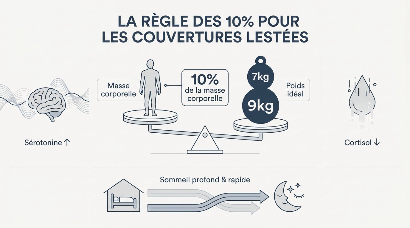Infographie expliquant la règle des 10 pourcent pour choisir le poids d'une couverture lestée