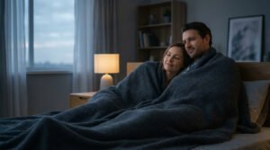 Un couple détendu partage une couverture lestée grise dans une chambre cosy à la lumière du crépuscule.