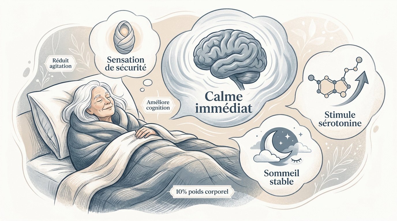 Personne âgée apaisée sous une couverture lestée favorisant le bien-être