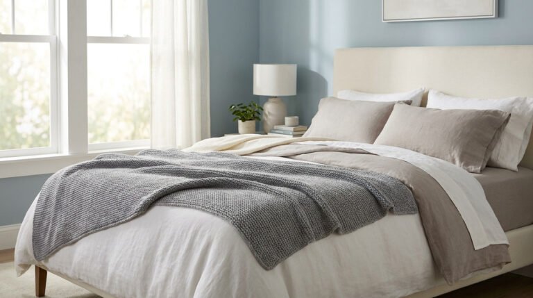 Chambre à coucher moderne avec un lit douillet recouvert d'une couverture lestée grise en maille sur un linge de lit.