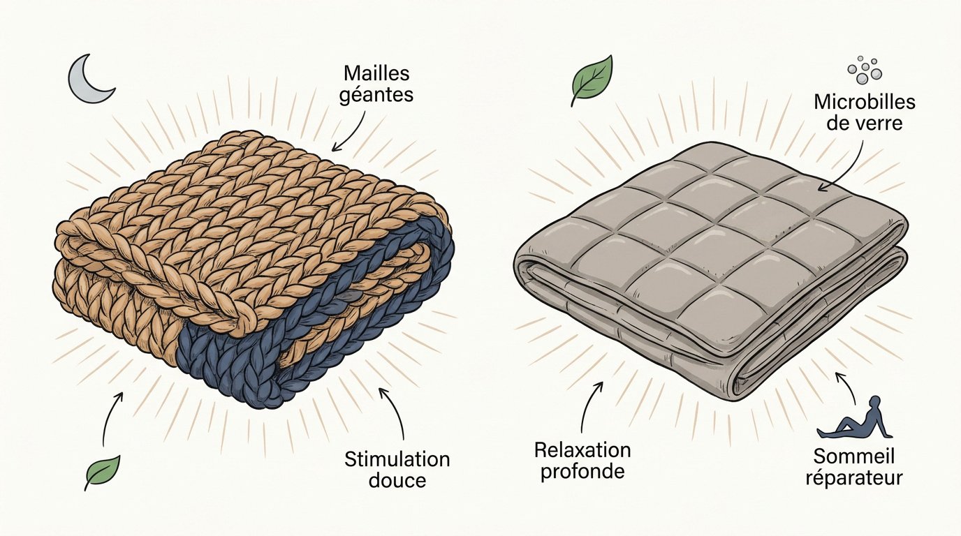 Comparaison entre une couverture lestée tricotée à mailles larges et une couverture classique à compartiments