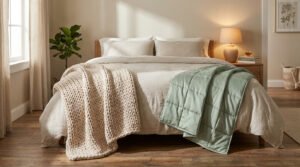 Lit double avec une couverture lestée en grosse maille crème et une couverture lestée classique en vert sauge.