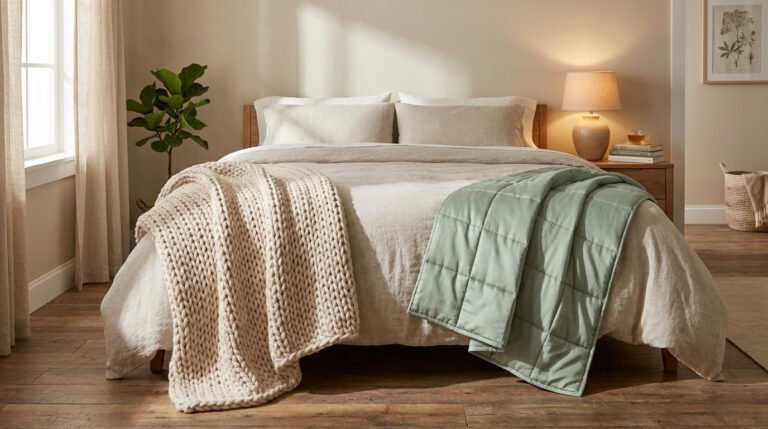 Lit double avec une couverture lestée en grosse maille crème et une couverture lestée classique en vert sauge.