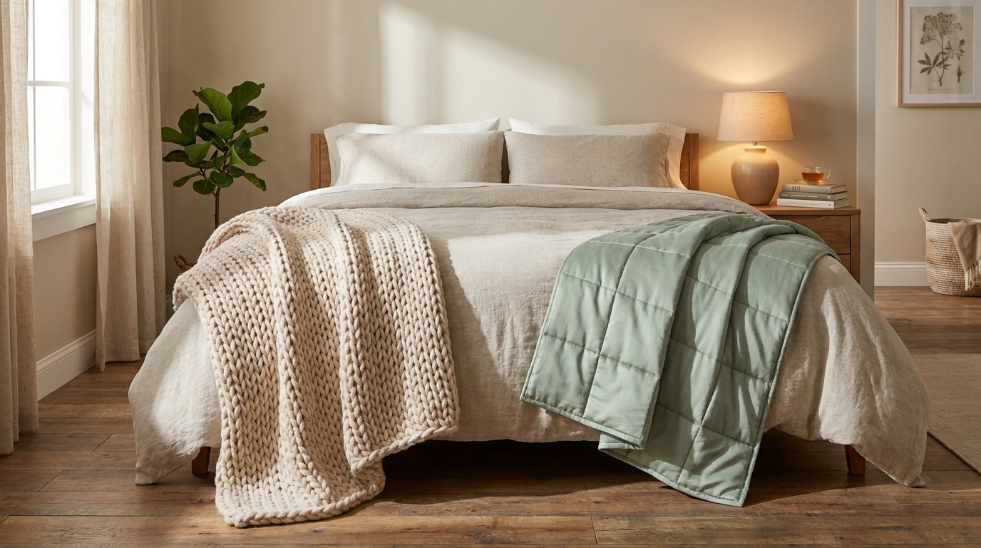 Lit double avec une couverture lestée en grosse maille crème et une couverture lestée classique en vert sauge.