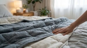 Main posée sur une couverture lestée grise texturée sur un lit, dans une chambre lumineuse et décorée.
