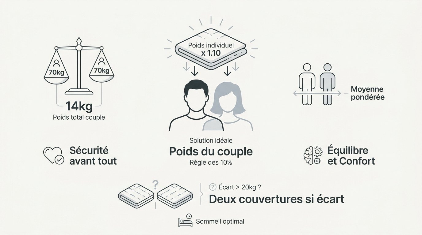 Tableau récapitulatif du poids idéal pour une couverture lestée de couple selon la morphologie