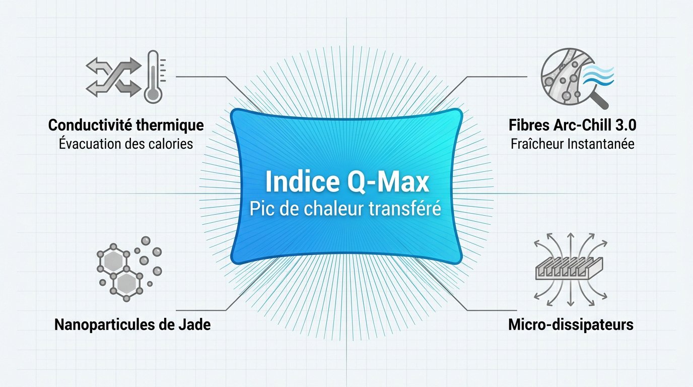 Infographie expliquant la technologie Arc-Chill et l'indice Q-Max pour les taies d'oreiller rafraîchissantes