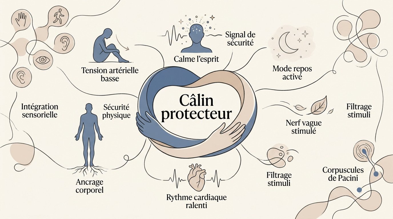 Illustration d'un câlin protecteur apportant sécurité et apaisement