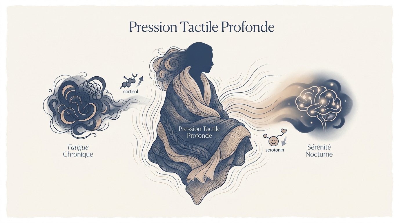 Femme apaisée sous une couverture lestée profitant de la pression tactile profonde