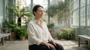 Femme d'âge mûr méditant sereinement dans une véranda lumineuse entourée de plantes.