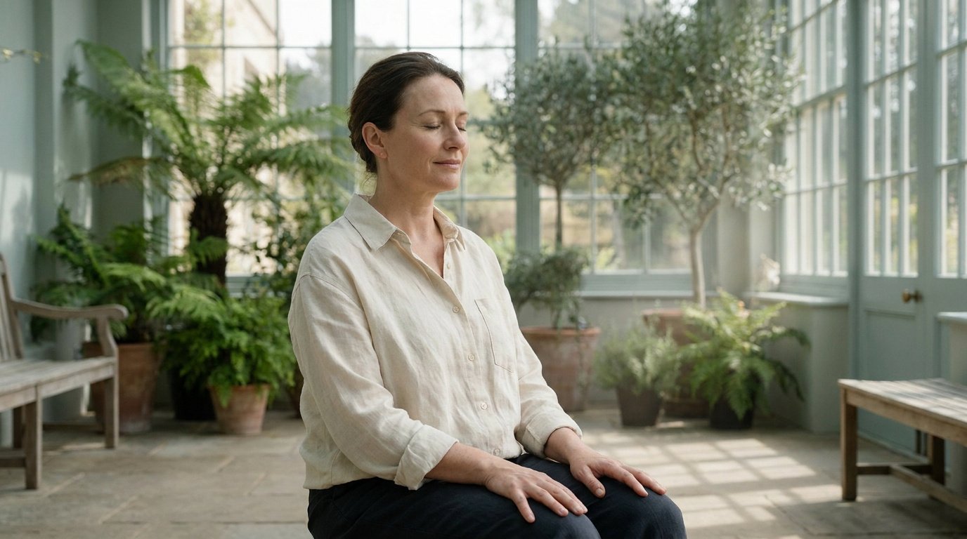 Femme d'âge mûr méditant sereinement dans une véranda lumineuse entourée de plantes.