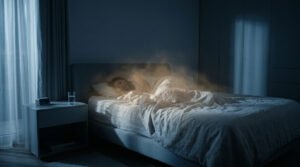 Une personne dort dans un lit sombre, enveloppée d'une brume orangée illustrant la chaleur corporelle nocturne.