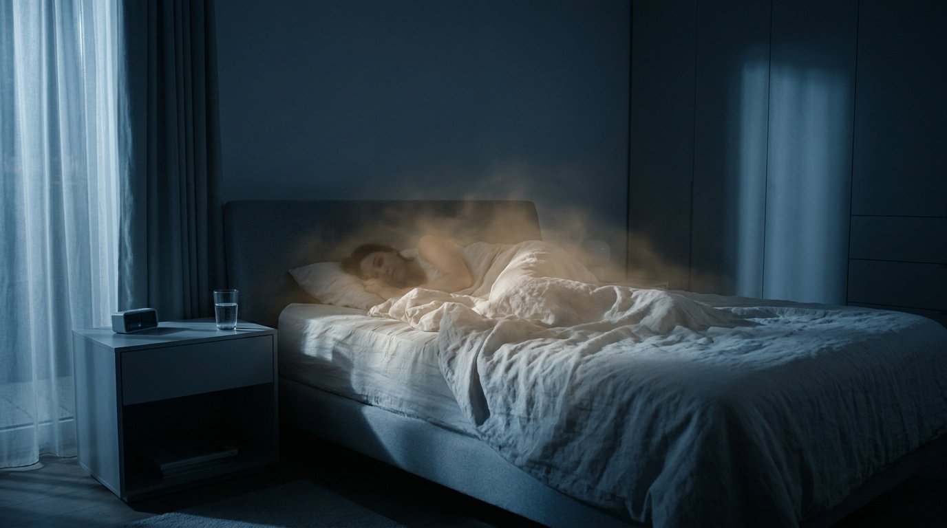 Une personne dort dans un lit sombre, enveloppée d'une brume orangée illustrant la chaleur corporelle nocturne.