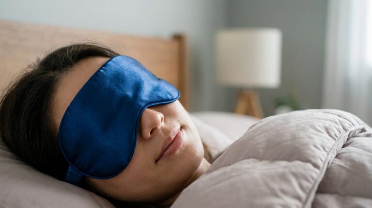 Une femme paisible porte un masque de sommeil en soie bleu foncé tout en se reposant dans son lit confortable.