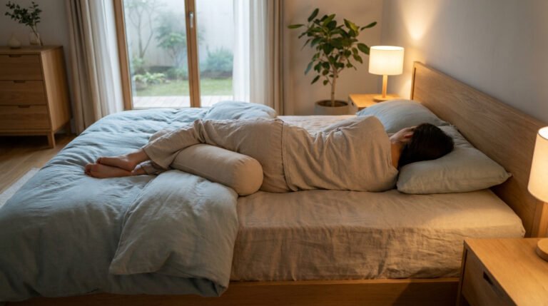 Une personne dort sur le côté avec un traversin entre les jambes pour soulager le dos dans une chambre lumineuse.