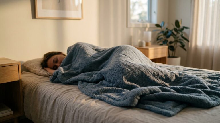 Une personne dort paisiblement dans un lit sous une couverture bleue dans une chambre baignée par la lumière du matin.