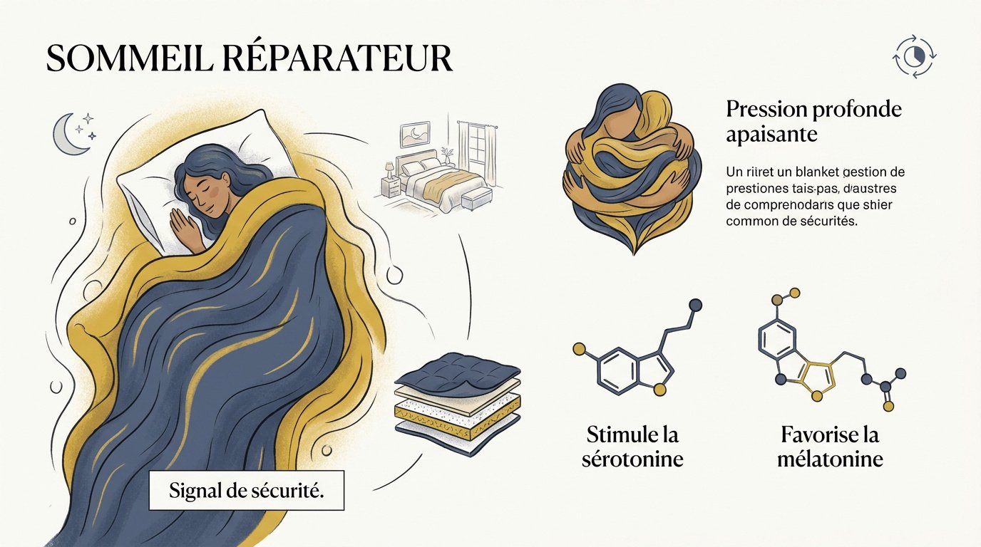 Schéma expliquant l'impact de la pression profonde sur la sérotonine et la mélatonine pour un sommeil réparateur