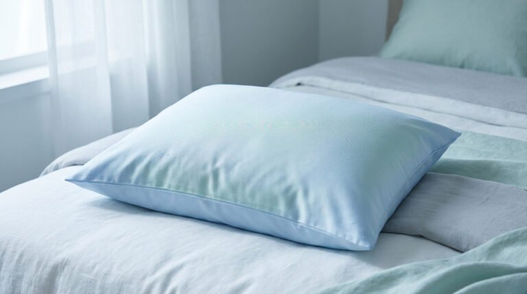 Une taie d'oreiller bleu clair avec des gouttelettes d'eau posée sur un lit, illustrant un effet rafraîchissant.