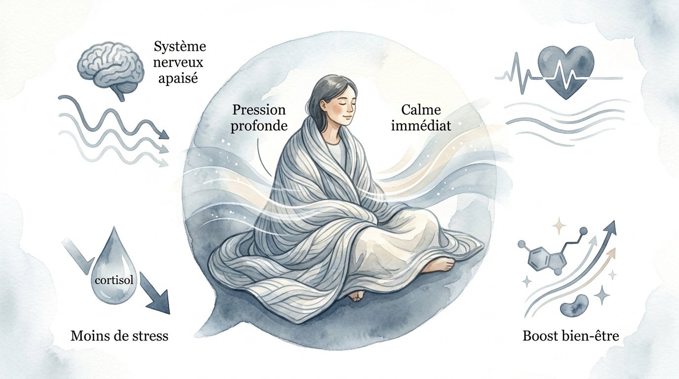 Personne apaisée sous une couverture lestée favorisant le bien-être et la relaxation profonde
