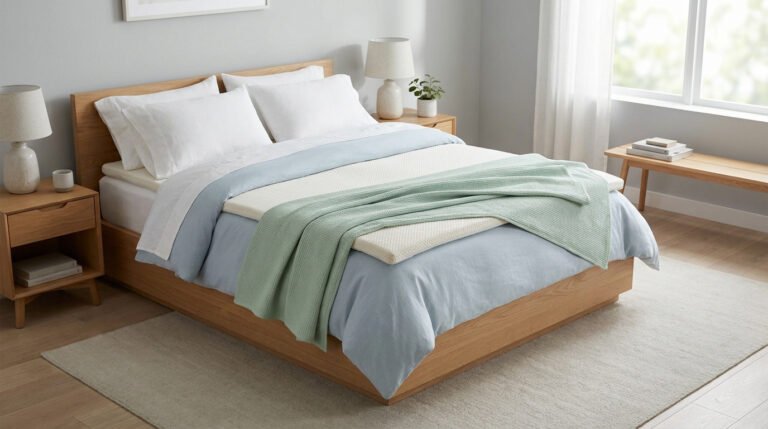 Un lit en bois avec un surmatelas blanc et une couverture vert menthe dans une chambre lumineuse et minimaliste.