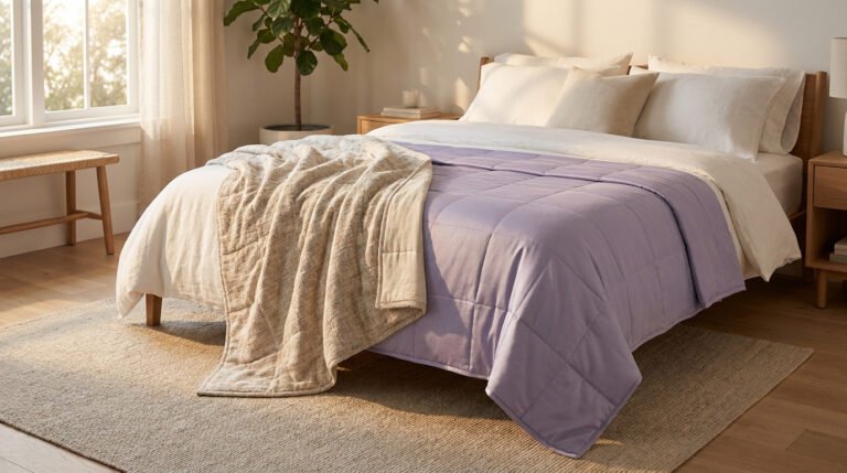 Une chambre lumineuse avec un lit douillet recouvert d'une couverture lestée lavande et d'un plaid en maille beige.