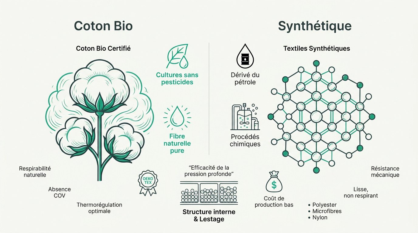 Comparaison visuelle entre une couverture lestée en coton bio et un modèle synthétique