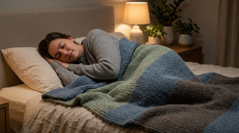 Une femme dort paisiblement dans un lit sous une couverture lestée en grosse maille aux tons bleus et verts.