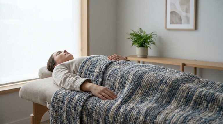 Une patiente détendue allongée sur une table de kinésithérapie, recouverte d'une couverture lestée en maille bleue.