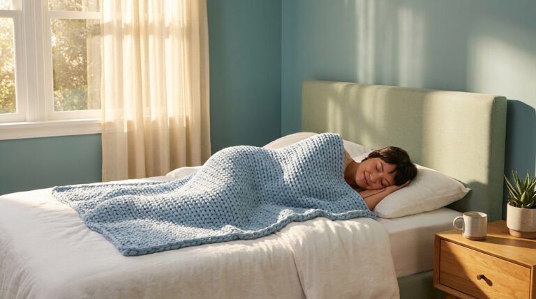 Une femme dort paisiblement dans un lit sous une couverture lestée en tricot bleu clair dans une chambre lumineuse.