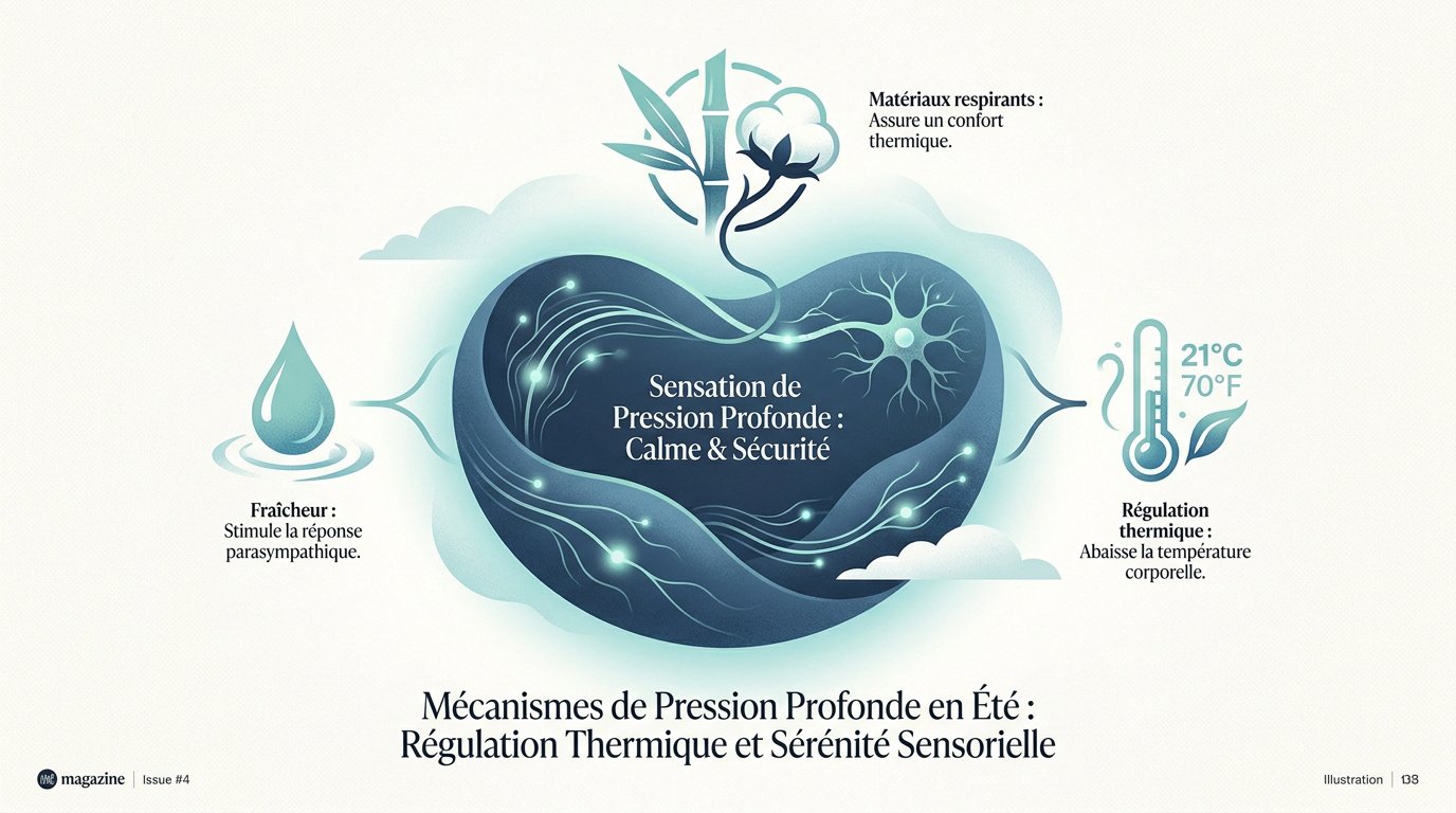 Schéma des effets de la pression profonde sur la régulation thermique et le calme du système nerveux en été