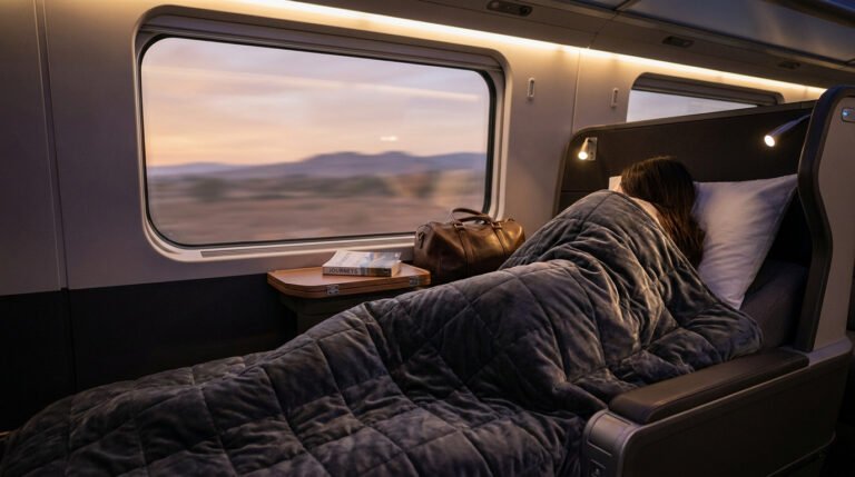 Une personne dort confortablement sous une couverture lestée dans un train de luxe, devant une vue panoramique au coucher.