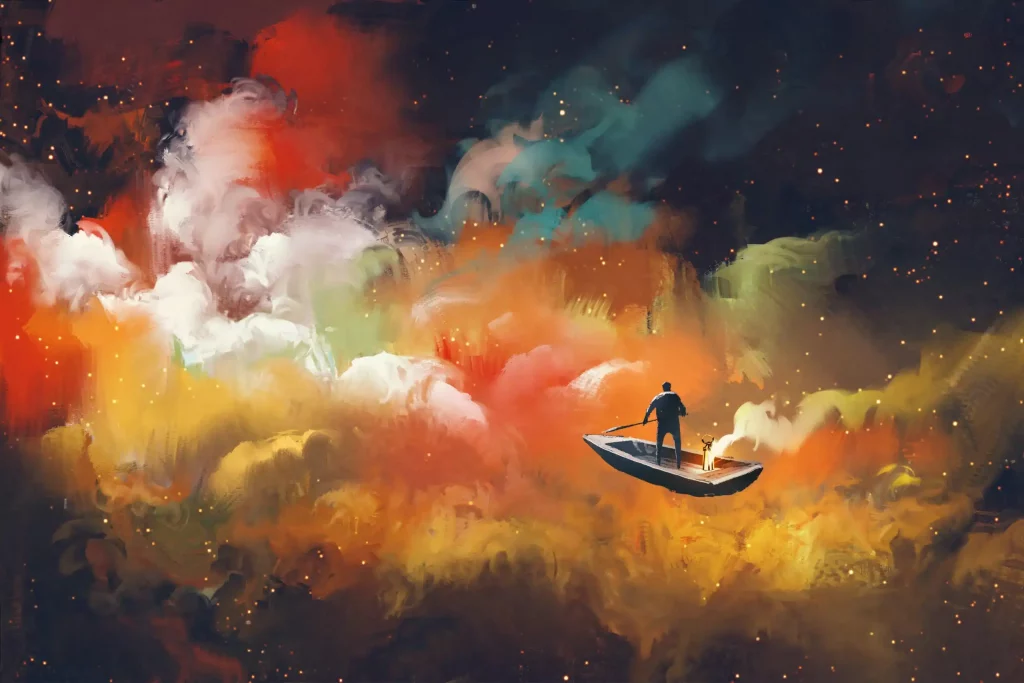 psychonaute autohypnose, dessinb d'une personne naviguant sur bateau