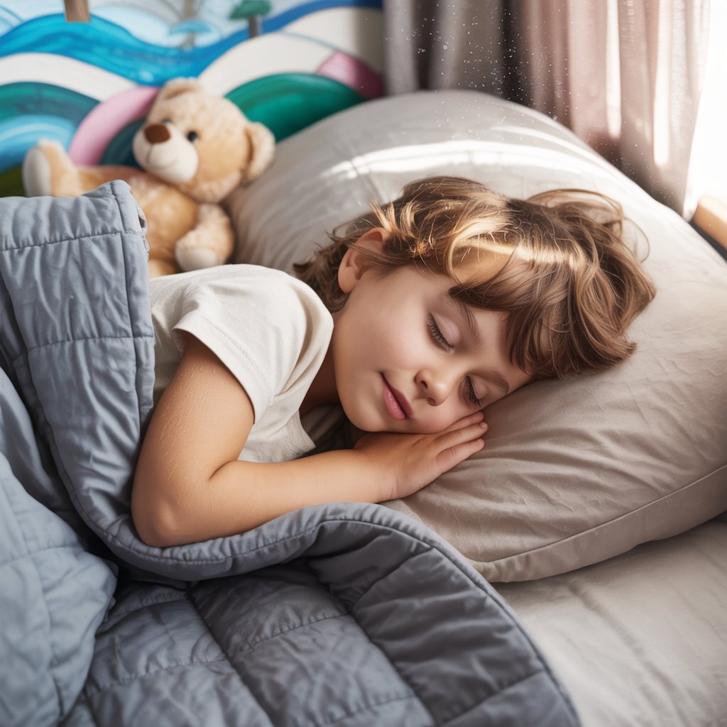petit enfant sous une couverture lestée de 3 kg