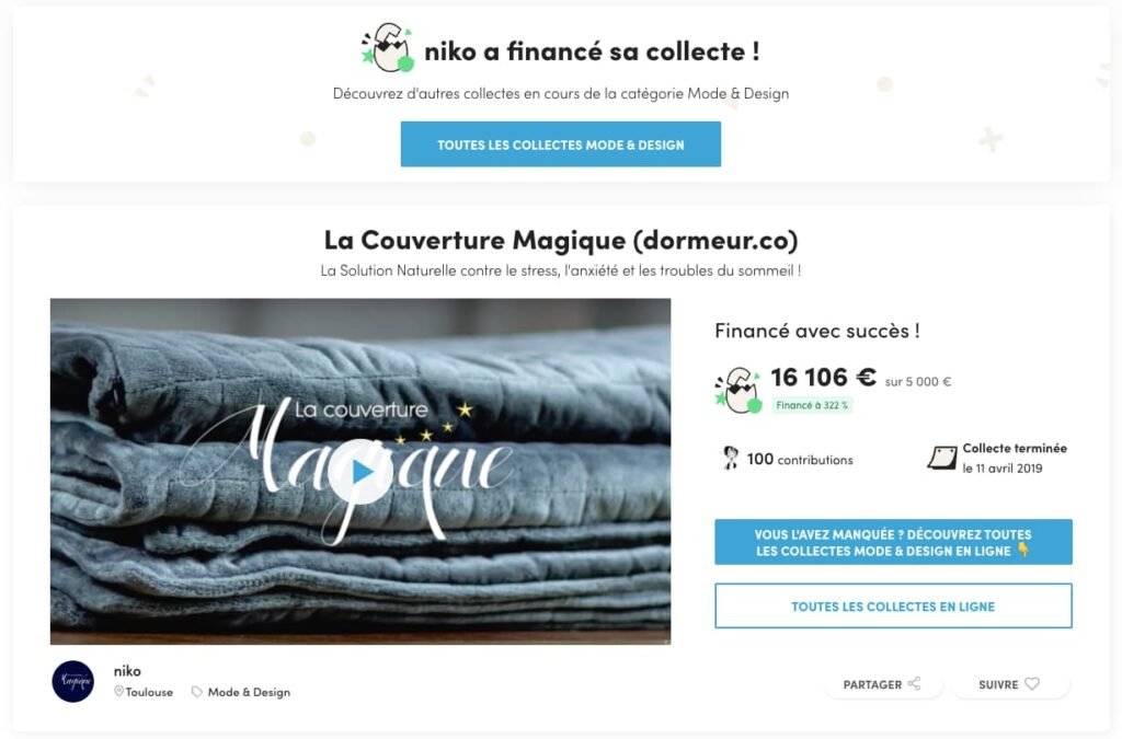 campagne de financement participatif ulule sur la couverture lestée la couvreture magique