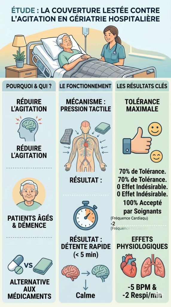 infographie étude clinique en gériatrie sur l'utilisation des couvertures lestées