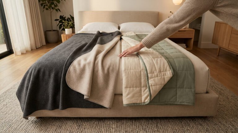 Une main touche une couverture lestée sur un lit dans une chambre moderne aux tons neutres et apaisants.