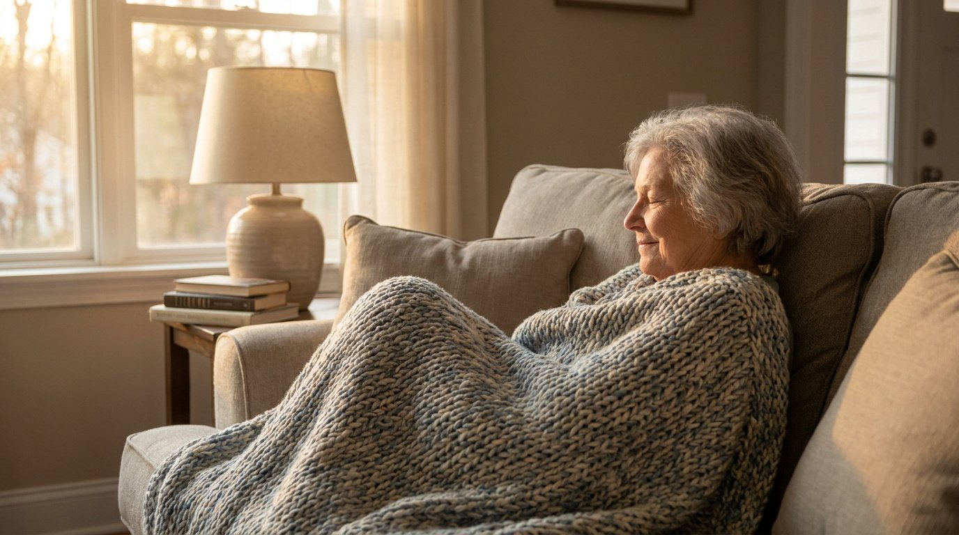 Une femme âgée se repose paisiblement dans un canapé sous une couverture lestée en grosse maille.