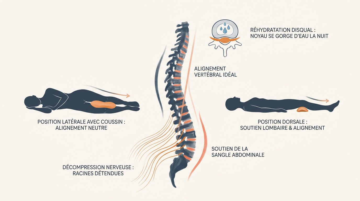 Infographie montrant les meilleures positions de sommeil pour l'alignement de la colonne vertébrale et le soulagement de la hernie discale