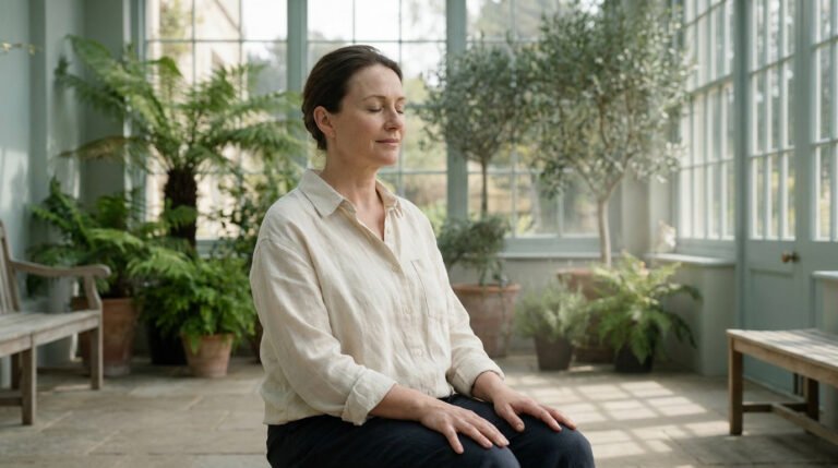 Femme d'âge mûr méditant sereinement dans une véranda lumineuse entourée de plantes.