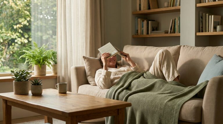 Une femme se détend sur un canapé beige, lisant un livre avec une couverture verte dans un salon lumineux.