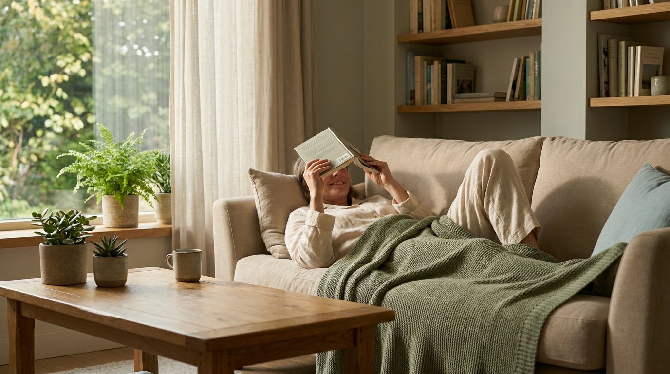 Une femme se détend sur un canapé beige, lisant un livre avec une couverture verte dans un salon lumineux.