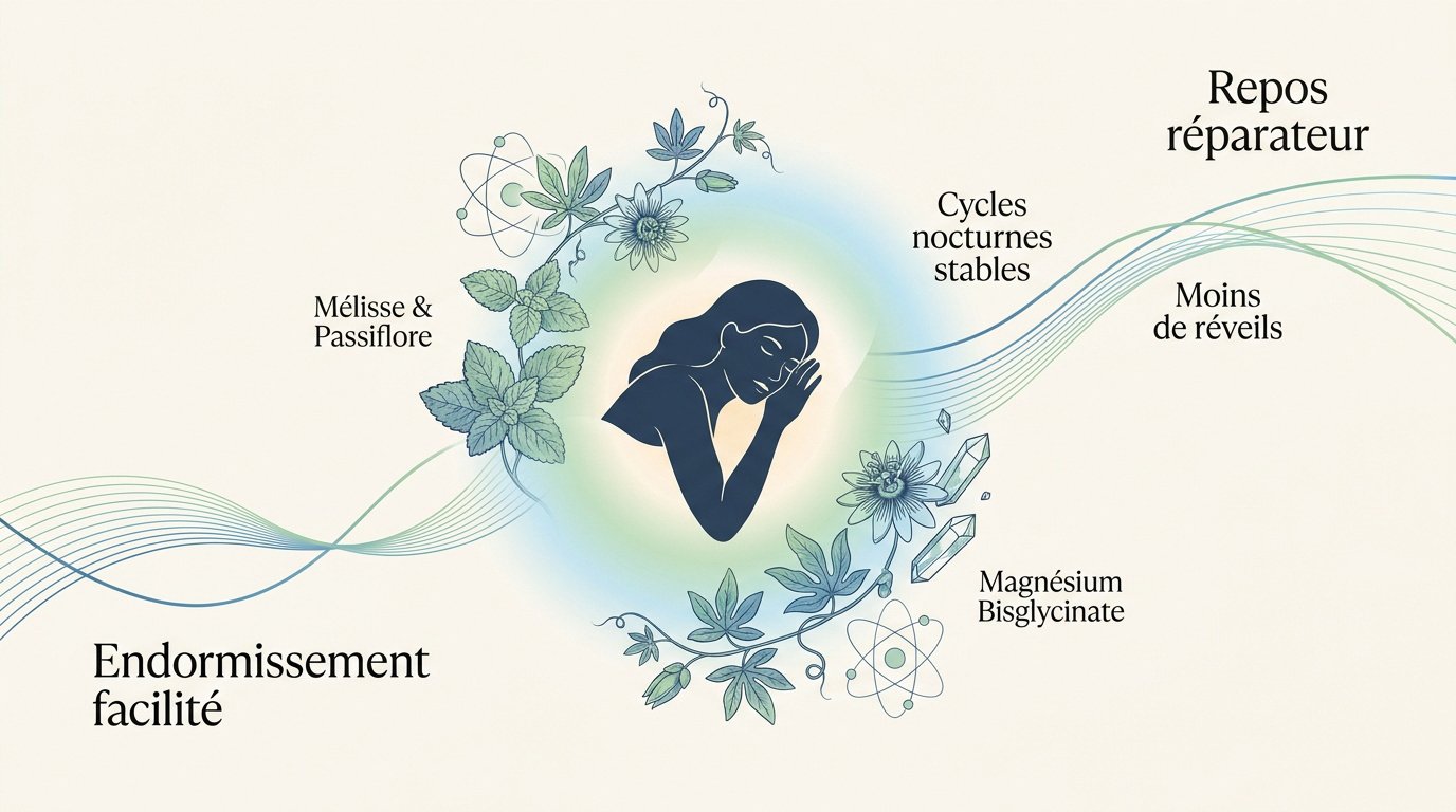 Ingrédients naturels mélisse passiflore et magnésium pour le sommeil
