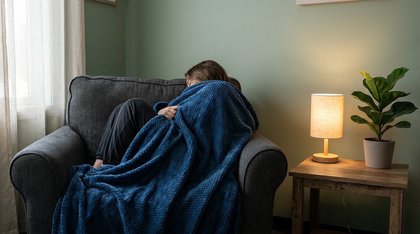 Une personne assise dans un fauteuil, enveloppée dans une couverture lestée bleue pour se rassurer.